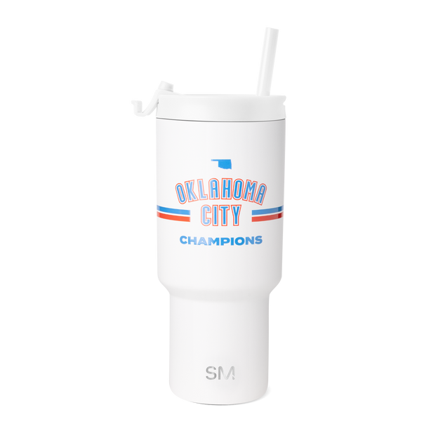 White Oklahoma City Champions Trek tumbler with a straw lid