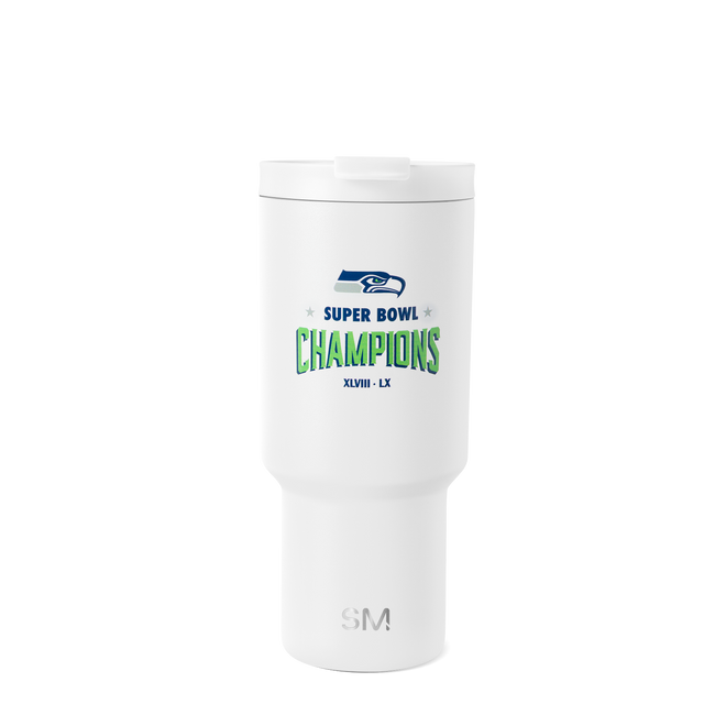 White insulated tumbler with navy blue and forest green accent design, gray SM logo, front view on white background