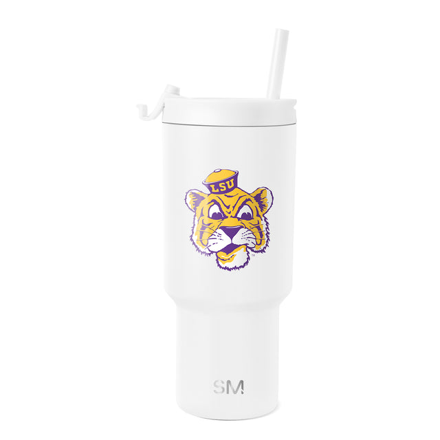 White insulated tumbler with lid and angled white straw on neutral background