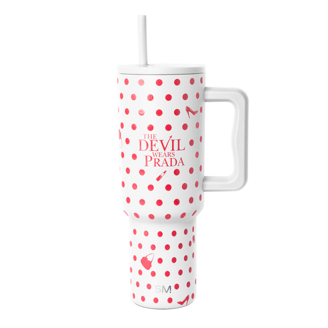 White 40-ounce insulated tumbler with hot pink and coral polka dots, 