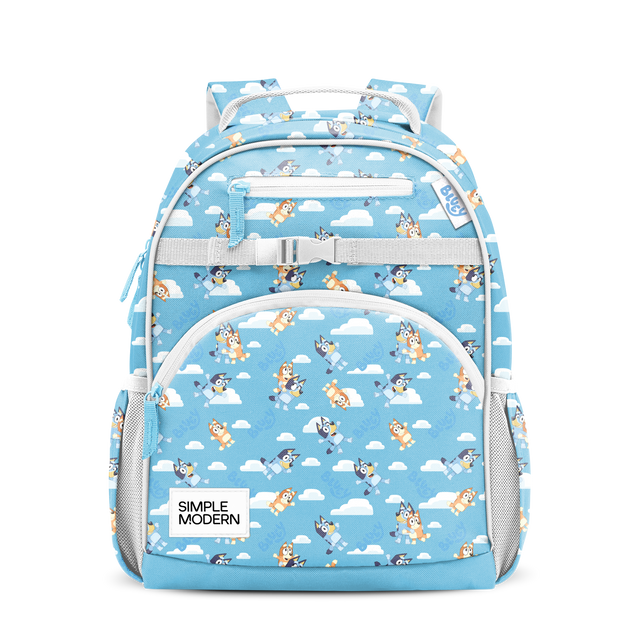 Sky blue backpack with white accents, gray mesh side panels, and animated character design in orange and blue