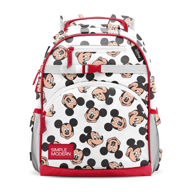 White backpack with red trim, straps and handles, featuring black circular shapes and flesh-tone face design elements on the lower panel.