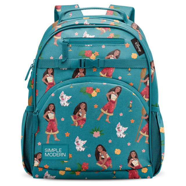 Vibrant teal backpack with coral red, pink, and orange accents, cream and white details, and green highlights