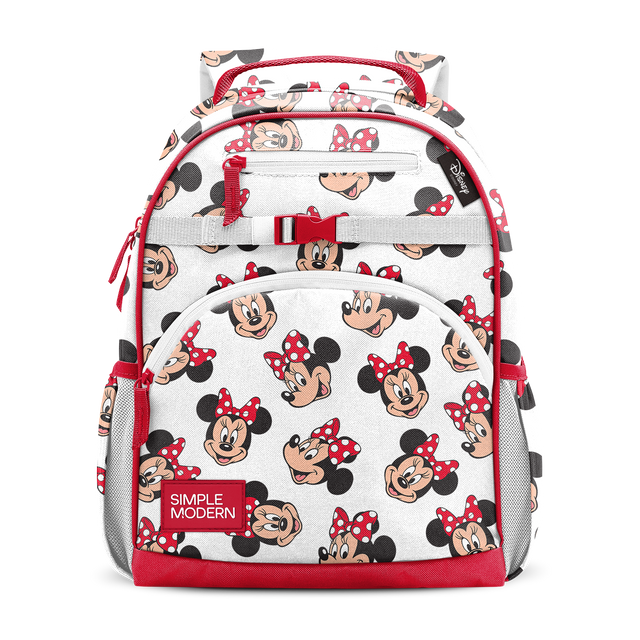 White backpack with red handles, trim, and bottom panel; charcoal gray side details
