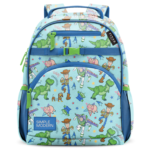 Light blue backpack with royal blue straps, trim, and zippered compartments, featuring bright lime green side mesh panels