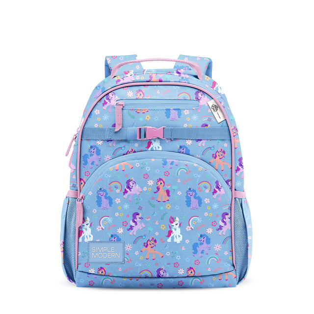 Simple Modern My Little Pony backpack in periwinkle blue with colorful pony, rainbow, and flower print, featuring pink and blue padded straps, front zippered pockets, mesh side panels, and adjustable chest buckle.