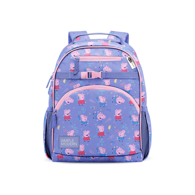 Periwinkle blue children's backpack with repeating pink cartoon pig print, centered against white background
