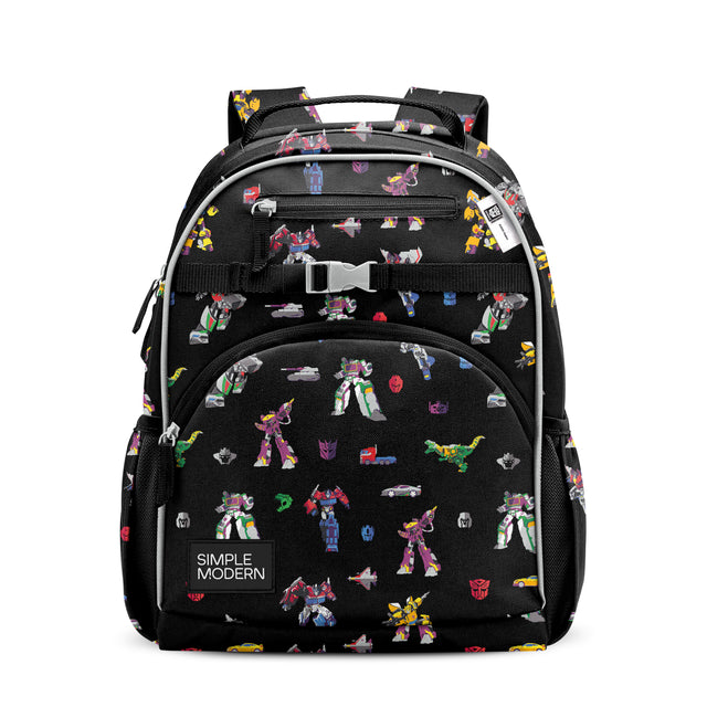 Black backpack with vibrant multicolored stripes and patches in yellow, red, purple, blue, green, and orange throughout the design.