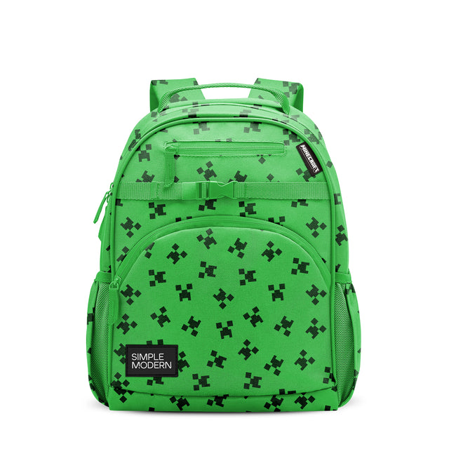 Bright lime green children's backpack with black pixelated pattern, dual padded straps, multiple zippered compartments, side mesh pockets, and 