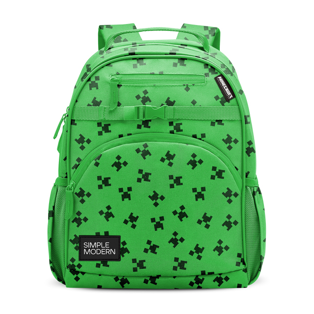 Bright lime green Minecraft Creeper backpack with black face features and square design details