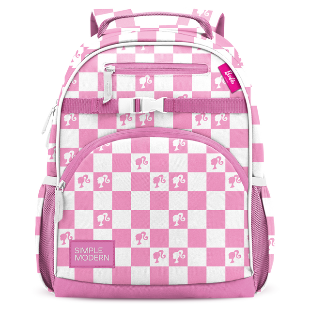 Vibrant pink and white backpack with hot pink and magenta tones, white contrast, and handles visible against a neutral background.