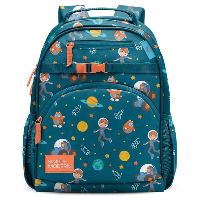 Teal and orange backpack with bright orange straps, buckles, zipper pulls, and pocket details on a deep turquoise blue base