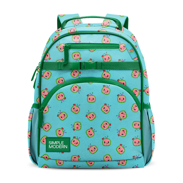 Turquoise backpack with forest green accents and hot pink smiling face character design