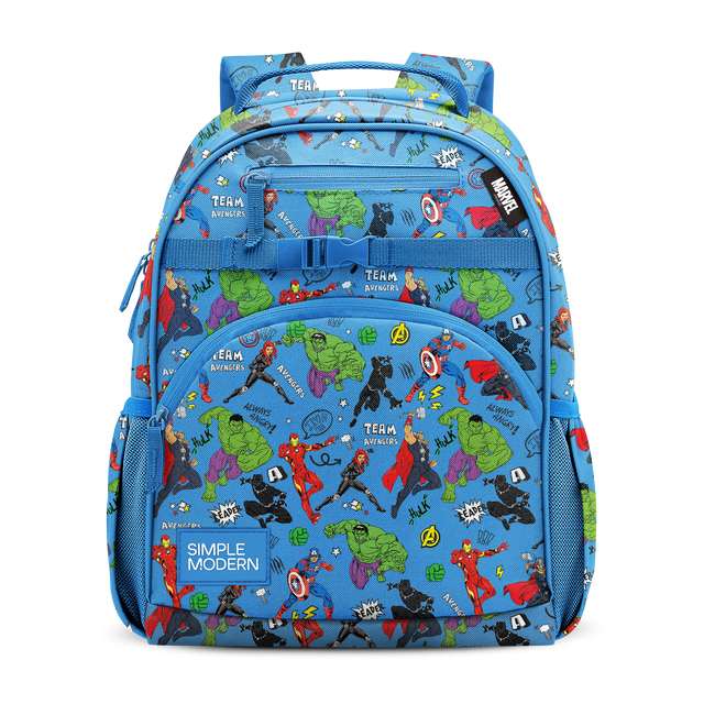 Colorful backpack with cobalt blue base and red, lime green, purple, black, and yellow accents