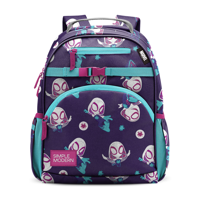 Deep purple backpack with turquoise blue accents, hot pink trim, and cream embroidery details