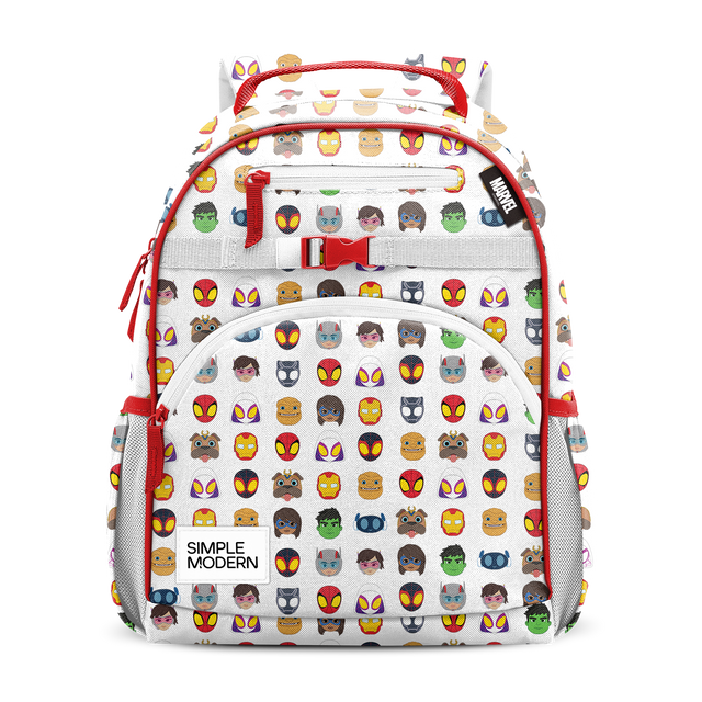 White backpack with red accents, zippered pockets, carrying handles, and shoulder straps decorated with colorful superhero and character emoji-style designs.