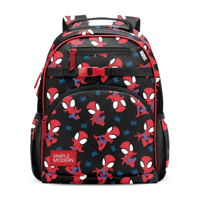 Black Spider-Man backpack with red and blue accents, featuring Spider-Man character silhouettes and head designs on the front panel and trim details.