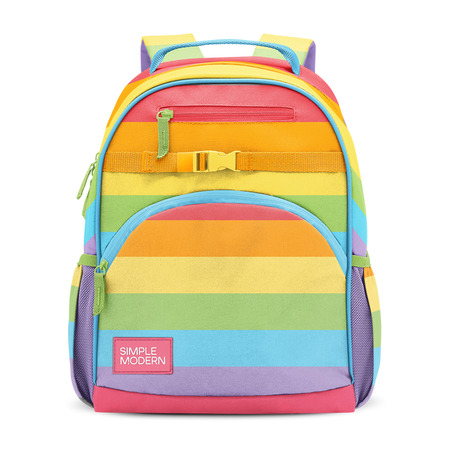 Vibrant rainbow striped backpack with horizontal bands of coral pink, orange, yellow, lime green, sky blue, and purple repeating across the main body.
