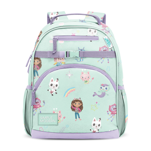 Pale mint green backpack with lavender purple straps, handles, and pocket trim, featuring pink, white, and multicolored character accents on the lower panel.