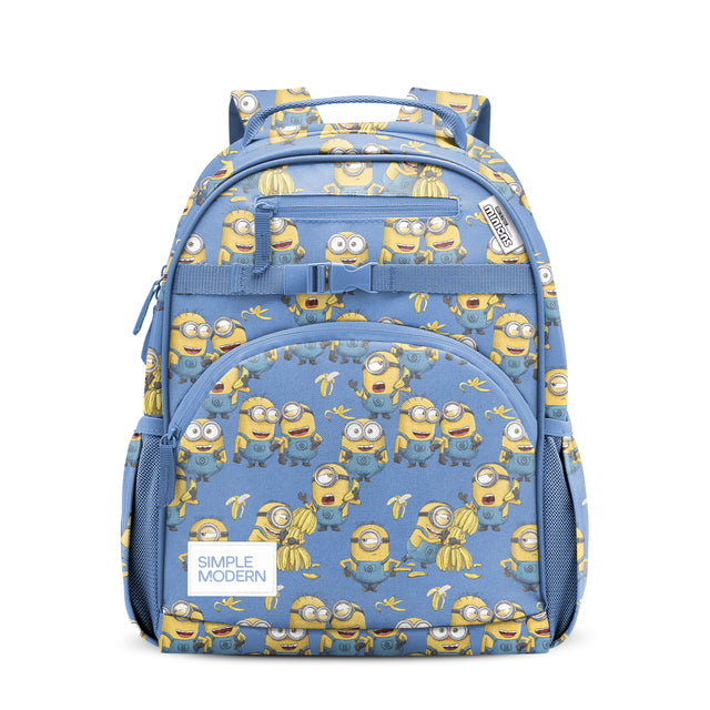 Periwinkle blue backpack with bright yellow and golden accents, featuring yellow characters and banana graphics