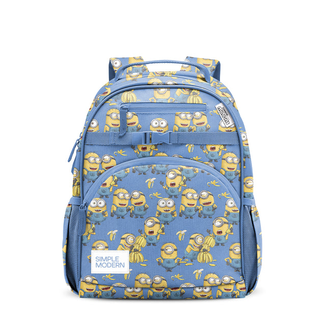 Blue and yellow children's backpack featuring Minion characters and bananas, with multiple zippered pockets, padded handle, and Simple Modern logo patch.