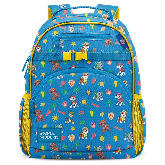 Bright blue backpack with yellow accents on padded straps