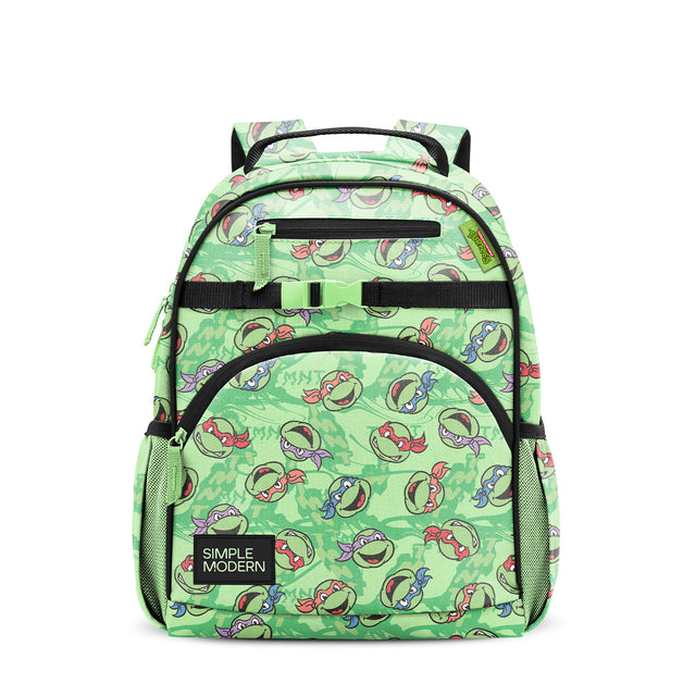 Light green children's backpack with red, purple, and blue character accents, black straps, mesh side pockets, front zippered compartment, and 