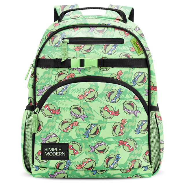 Lime green backpack with black straps, trim, and pocket edges