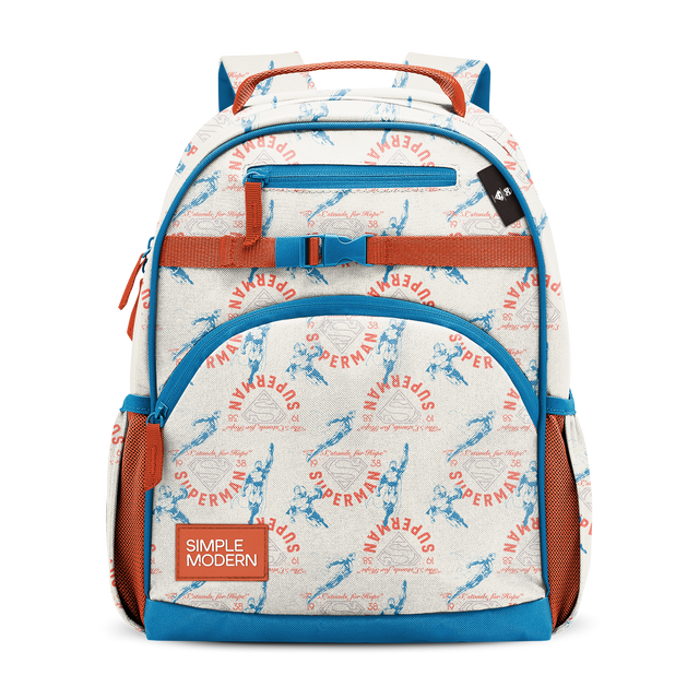 Cream and off-white backpack with blue trim, straps, and zippered pockets, accented with red-orange on the side and blue handles.