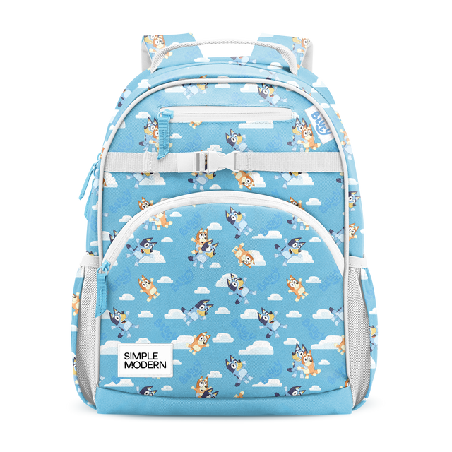 Sky blue backpack with white trim, straps, zippers, and mesh side panels