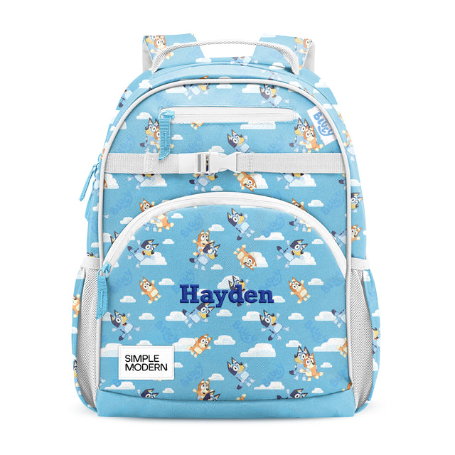Sky blue children's backpack with white trim, mesh pockets, and padded straps. Features 