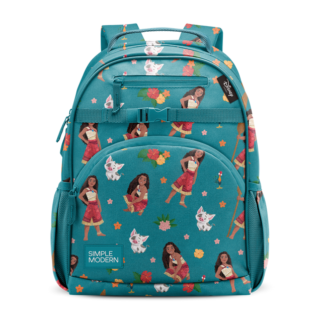 Teal blue backpack with coral red, orange, pink, and white accents and print details