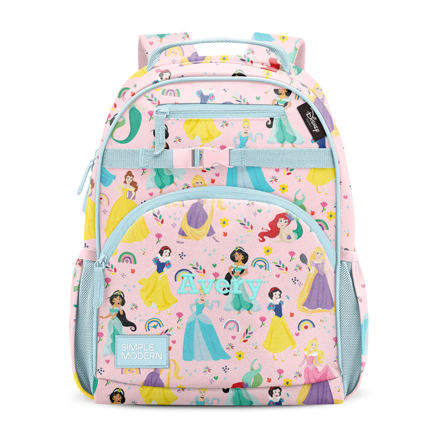 Pink children's backpack with turquoise straps and trim, featuring princess-themed pattern with illustrated characters, flowers, and hearts. 