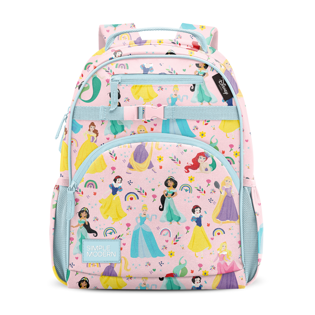 Pink backpack with turquoise and aqua accents on straps, handles, and mesh side panels