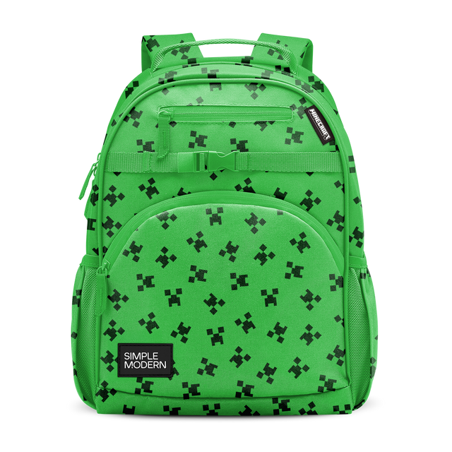 Bright lime green backpack with black pixelated cross pattern, featuring green webbing details