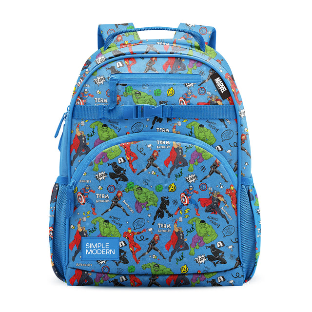 Sky blue children's backpack with bright red, lime green, purple, and yellow accents featuring Marvel Avengers branding. Front view shows padded shoulder straps, multiple zippered pockets, mesh side pockets, and top carry