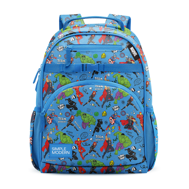 Bright blue backpack with multicolored geometric pattern featuring red, green, purple, and black accents