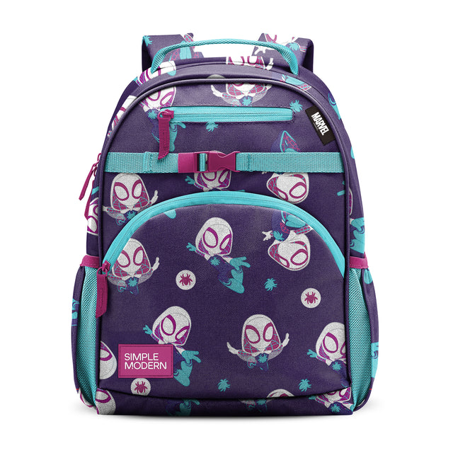 Purple children's backpack with turquoise accents, cartoon character print, multiple pockets, padded straps, side mesh pockets, magenta zipper details, and Simple Modern brand label on white background.