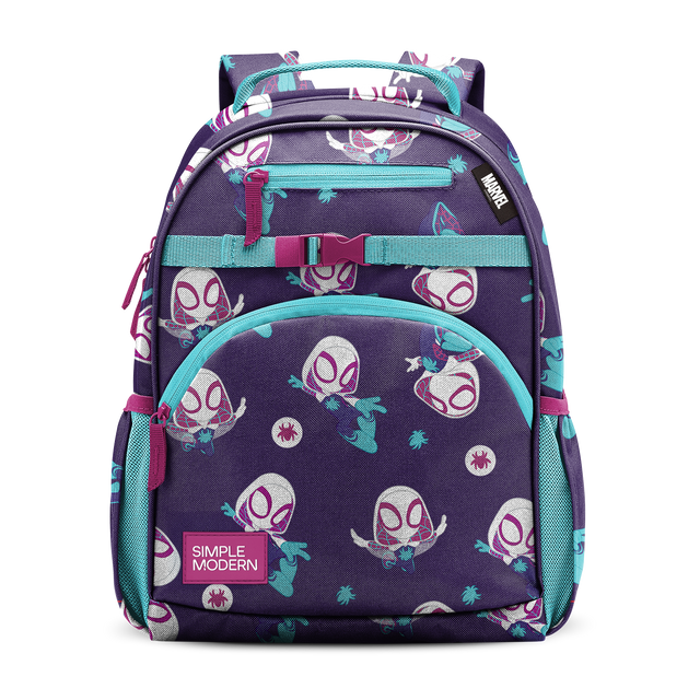 Deep purple backpack with bright turquoise straps and trim, magenta pink zipper accents, displayed against a white background