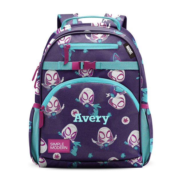 Purple and turquoise children's backpack with character print, multiple pockets, adjustable straps, chest strap with magenta buckle, and 