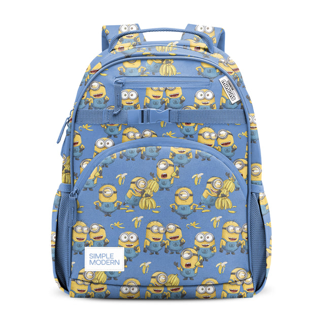 Periwinkle blue backpack with bright golden yellow accents on pockets and straps