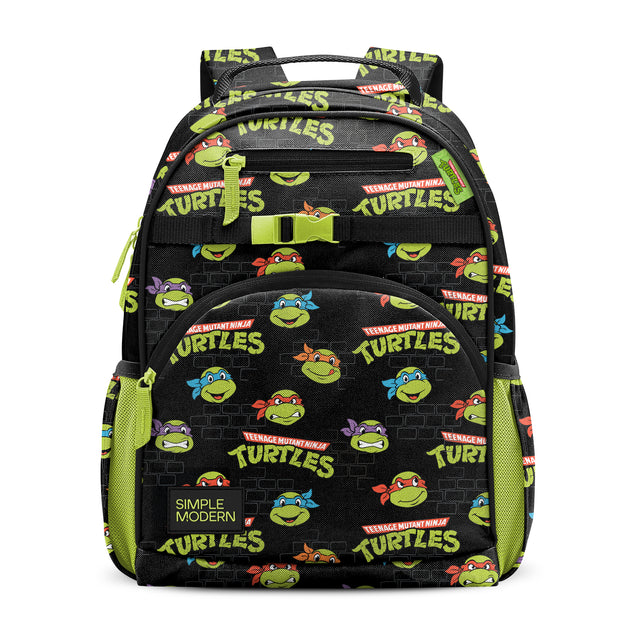 Black school backpack with lime green accents featuring Teenage Mutant Ninja Turtles character artwork, padded shoulder straps, mesh side pockets, chest buckle, and Simple Modern branding.