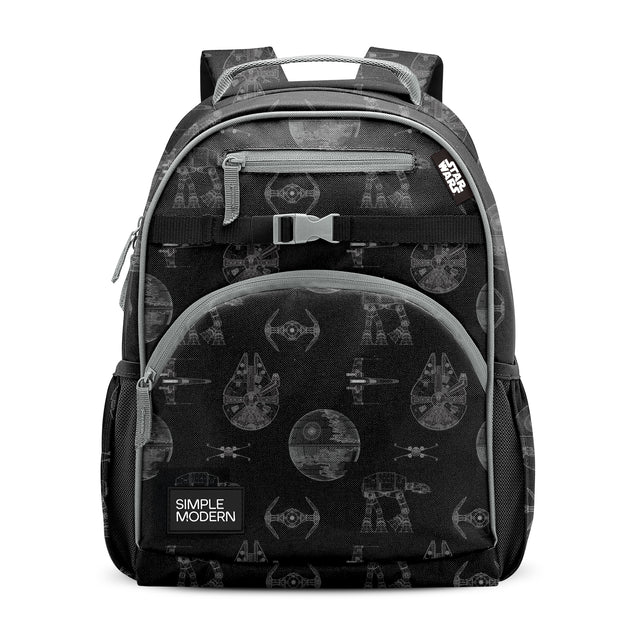 Black and gray structured backpack with multiple zippered compartments, padded shoulder straps, mesh side pockets, and metal buckle strap. Star Wars spacecraft print. Simple Modern brand label visible.