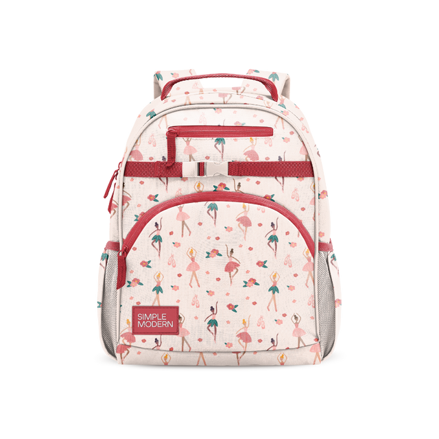 Cream-colored children's backpack with repeating flamingo pattern against white background
