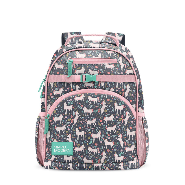 Navy children's backpack with llama and floral pattern, pink shoulder straps, front zipper pocket, mesh side pockets, green buckle detail, and Simple Modern branding patch.