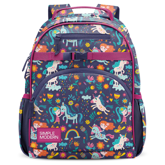 Navy blue backpack with hot pink, teal, orange, yellow, and cream accents and straps