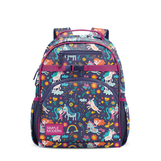 Navy blue children's backpack with magenta handles and straps, featuring colorful interior panels in turquoise, orange, and yellow. Multiple zippered pockets and mesh side panels. Simple Modern brand logo on front.