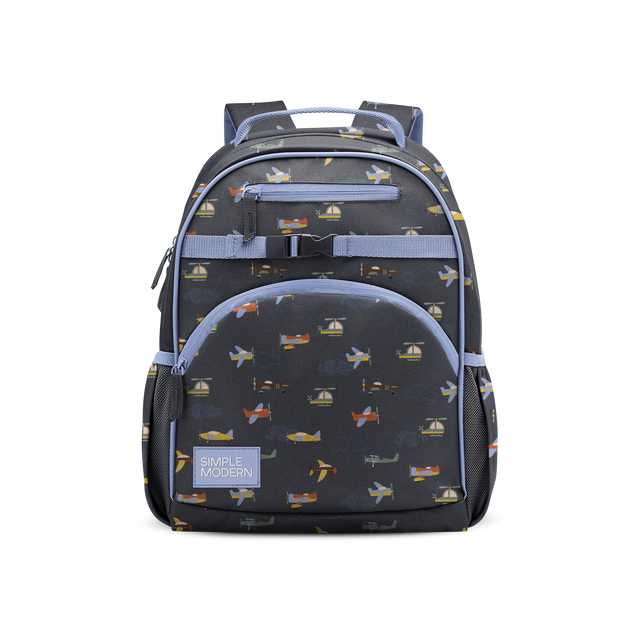Charcoal gray backpack with periwinkle blue-purple accents on straps, piping, and trim, featuring orange and yellow details