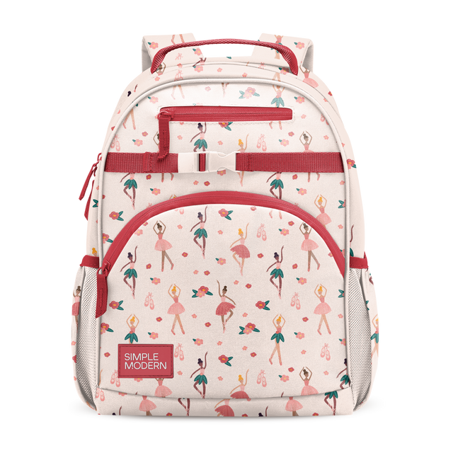 Cream and crimson red backpack with colorful pattern accents, front view showing main compartment and straps