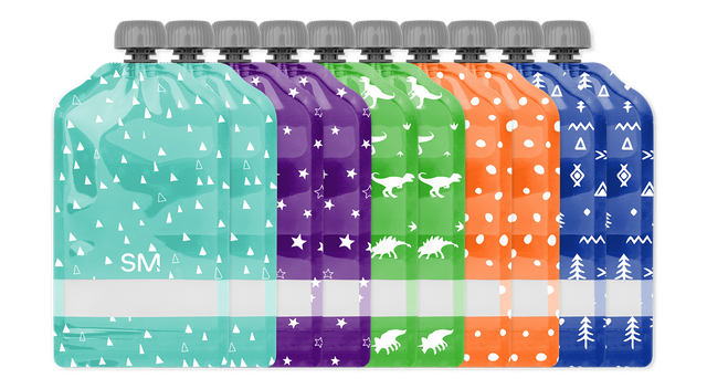 Five colorful reusable pouches arranged in a row displaying turquoise with white triangles, deep blue, and additional color variations, shown against a white background.